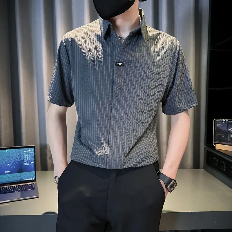 

Fashionable Patch Designs Shirts Men's Clothing Turn-down Collar Summer Basic Striped Casual Daily Short Sleeve Korean Shirts