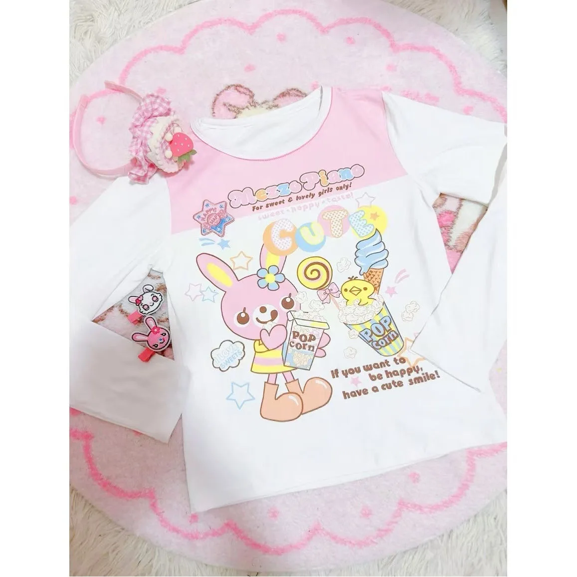 Japońskie koszulki Y2k Kobiety Kawaii Fake Dwa koszulki z długim rękawem Moda Harajuku Print Camisetas Crop Tops Casual Cute T Shirt — zdjęcie 3
