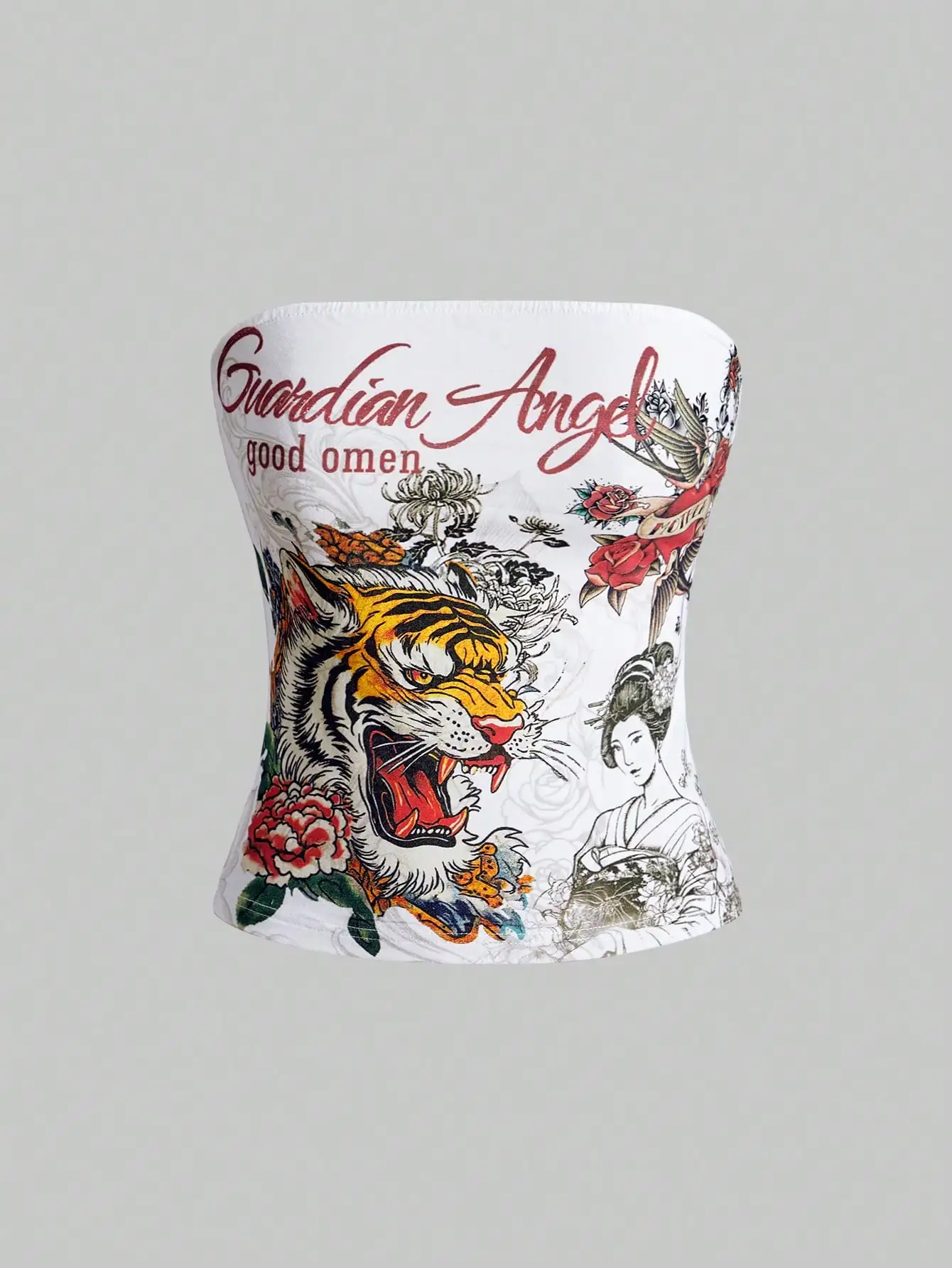 

Tiger & Geisha Tattoo Print Corset Top - Y2K Grunge Punk Style