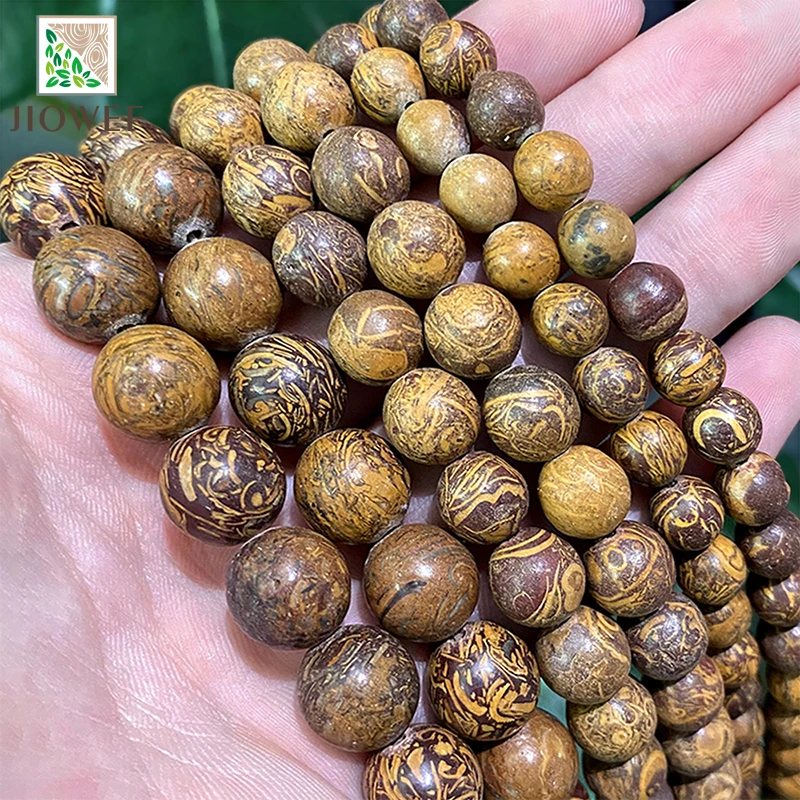 4/6/8/10/12mm Gold Silk Wood Round Beads Natural Stone DIY Bracelet Necklace Charm Beads for Jewelry Making 15