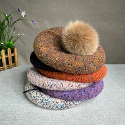 New Natural fur pompom Berets hat for women Fashion casual Nature style winter Women's Hat Girls Warm Walking Travel Beret Cap