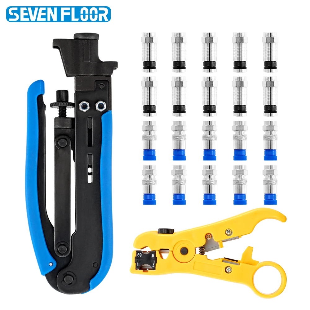 Kit de Herramientas de Compresión Coaxial RG6 RG59 RG11, Alicates de Crimpado, Conectores RG6 F y Pelacables para Instalación de TV por Cable, Satélite y CCTV