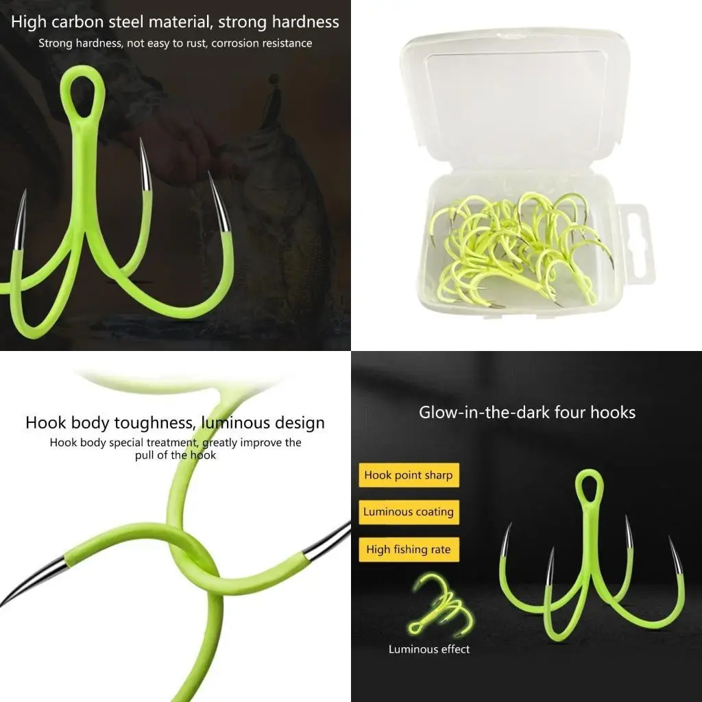 

Y1UC 5/10pcs Luminous Quadruple Fishing Hook 16# 18# Glows Night Fishhooks High Carbon Steel Reinforced Anchors Hook Easy Use