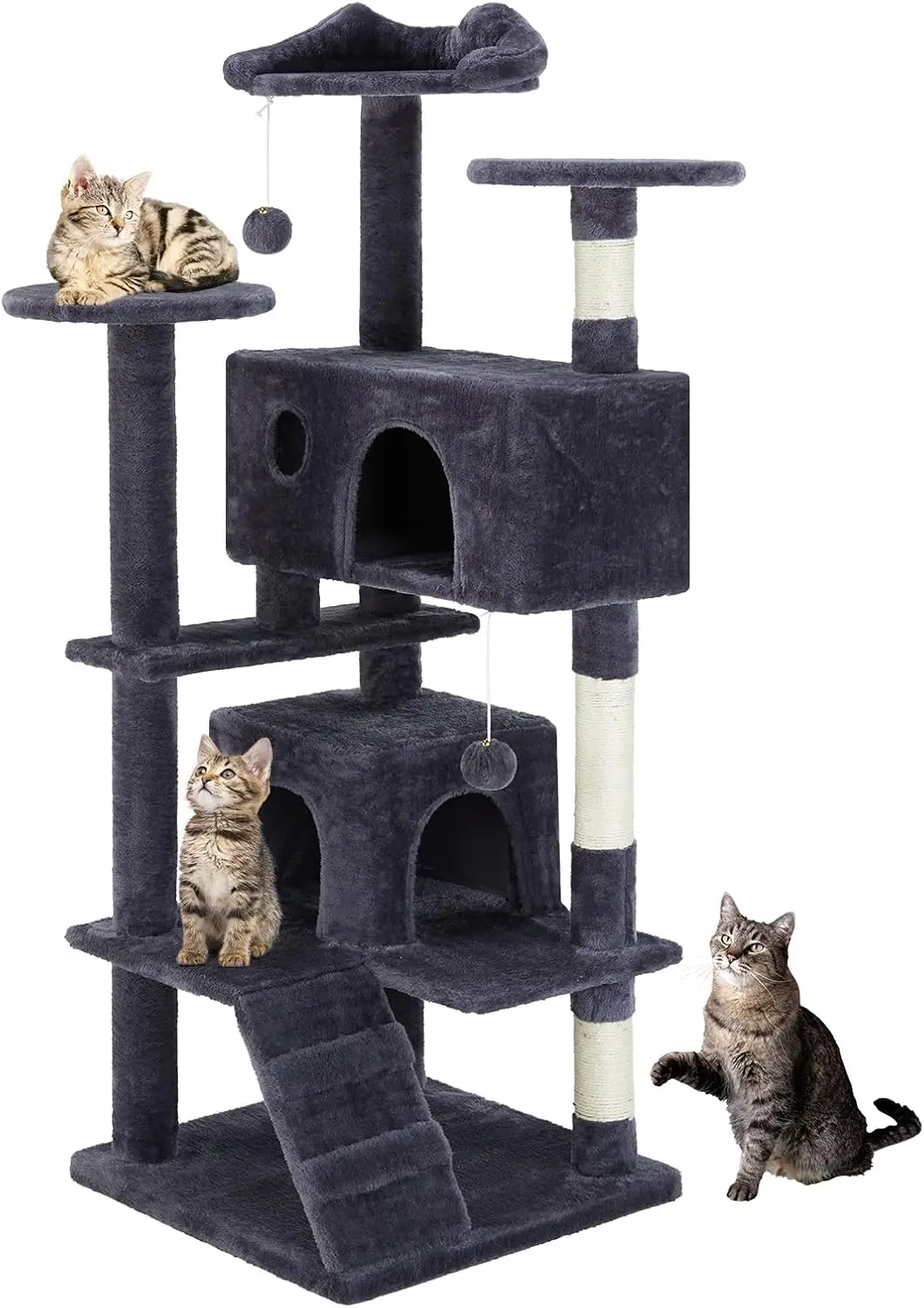 

54-inch Indoor Cat Tree Tower –Multi-Level Pet House for Large Cats with 2 Condos, Scratching Posts, Round Platform, Small