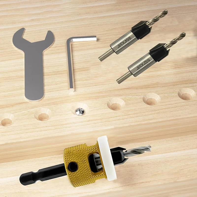 مجموعة لقمة مثقاب غاطسة عرقوب من ABPP-Hex، 1/8 بوصة 9/64 بوصة 5/32 بوصة لقمة ثقب غاطسة للأعمال الخشبية + توقف عمق قابل للتعديل