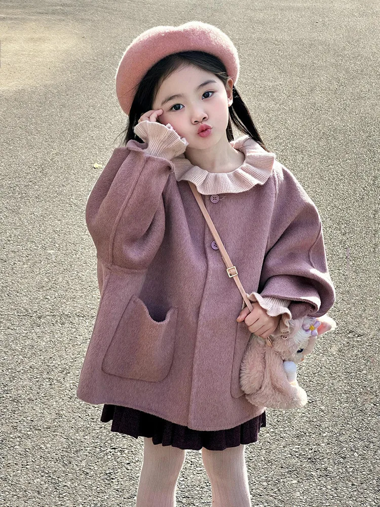 

New Girls' Sweet Pink Purple Short Woolen Coat Children's Baby Loose and Thick Coat Autumn and Winter