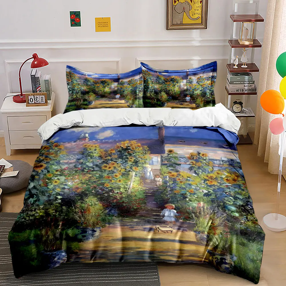 Sunlit garden with sunflowers and child Bedding Set for Kids Luxury Gift 3pcs Digital Print Comforter Set Soft Comfortable