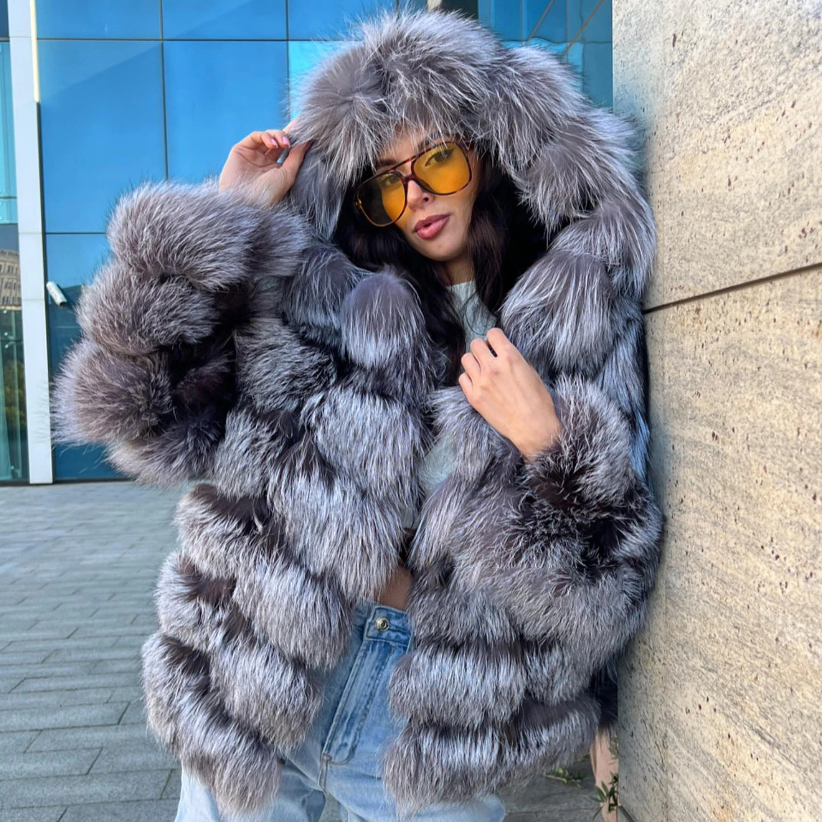 Genuine Silver Fox Fur Coats with Hood High Quality Women Natural Whole Skin Fox Fur Jacket Mid-length Natural Fur Overcoat