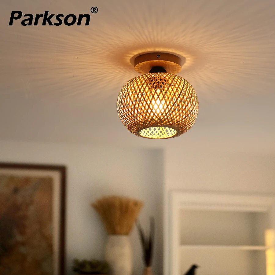 Hand Woven Ceiling Light E27 Chinese Style Wooded Art Suspended Rattan Wicker Ceiling Lamp For corridor Home Living Room Decor