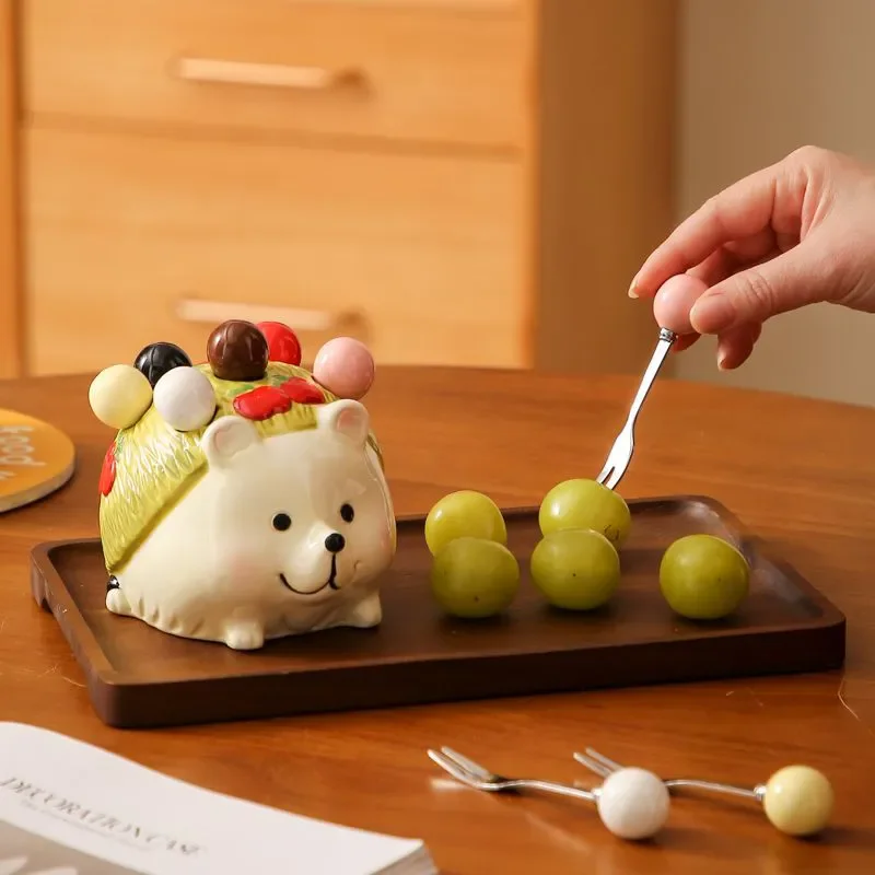 

Exquisite Fruit Fork 304 Stainless Steel Creative Ceramic Animal House Shaped Fruit Fork Storage Can Dessert Fork Cake ForkZI103