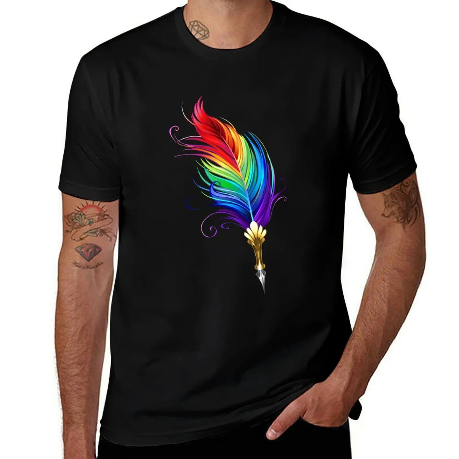 

Rainbow feather pen T-Shirt graphic t shirts fashion shirts anime men workout shirt