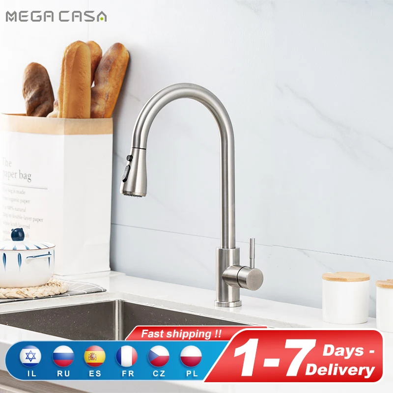 

Kitchen Faucets Brushed Nickel Pull Out Kitchen Sink Water Tap Deck Mounted Mixer Stream Sprayer Head Hot Cold Taps Black Chrome