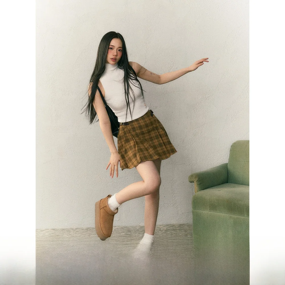 

LaluneDuCiel оригинальная клетчатая юбка трапециевидной формы в стиле ретро с пуговицами, женская плиссированная юбка с высокой талией и рисунком ор