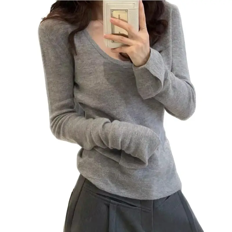 

Hot Princess Low Neck Thin Design Sweater Young Girls Fashion Sexy Long Sleeved Knitted Shirt Base Layer Spring Autumn Clothes