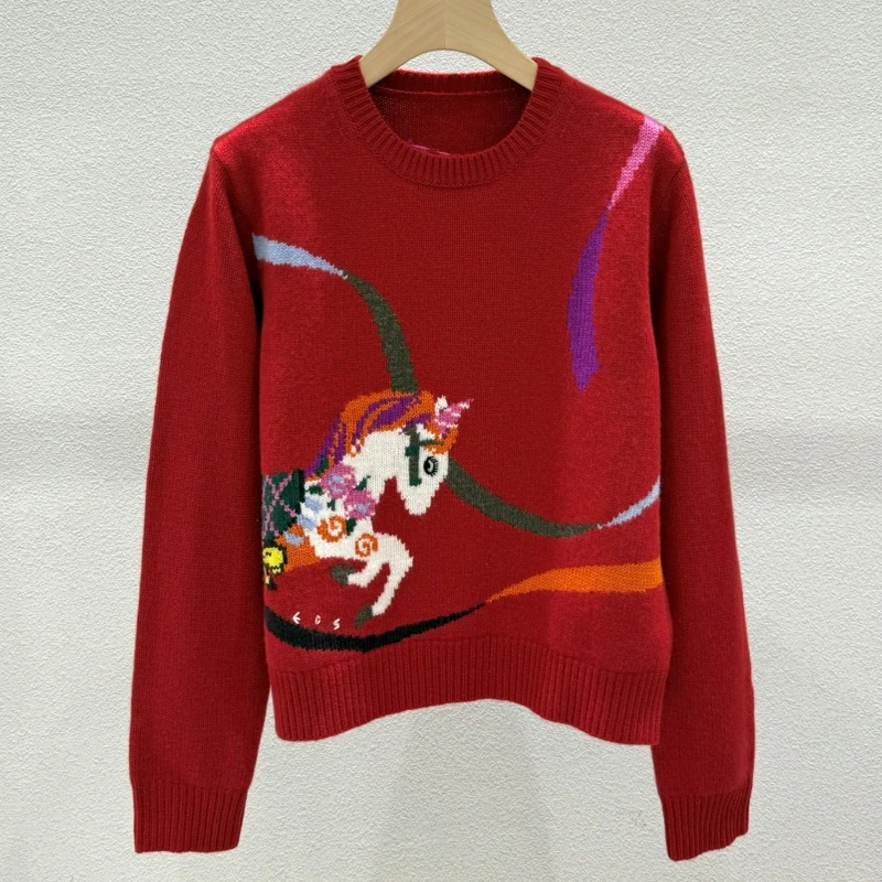 

Зима 2025: Новинка! Красный вязаный свитер с мультяшным принтом для женщин, круглый вырез, длинный рукав, шерстяной, с животным узором.