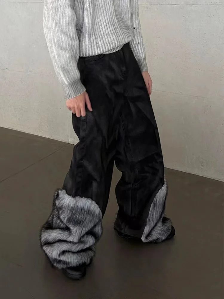 

Американские нишевые меховые джинсы большого размера для женщин на осень и зиму, новые популярные брюки для мытья полов Yabi для девочек