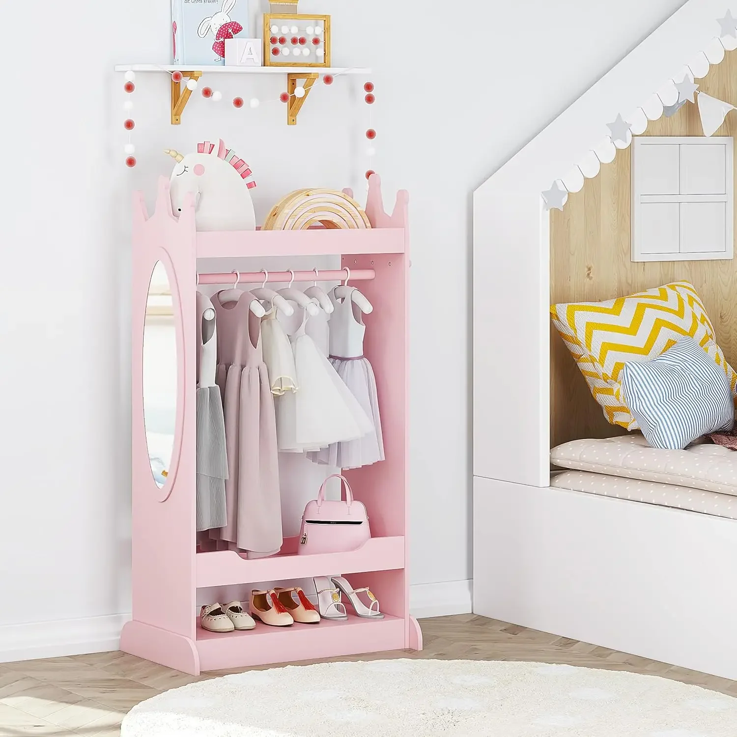 Kids Dress up Storage with Mirror,Costume Closet for Kids, Open Hanging Armoire Closet,Pretend Storage Closet for kids,Costume S