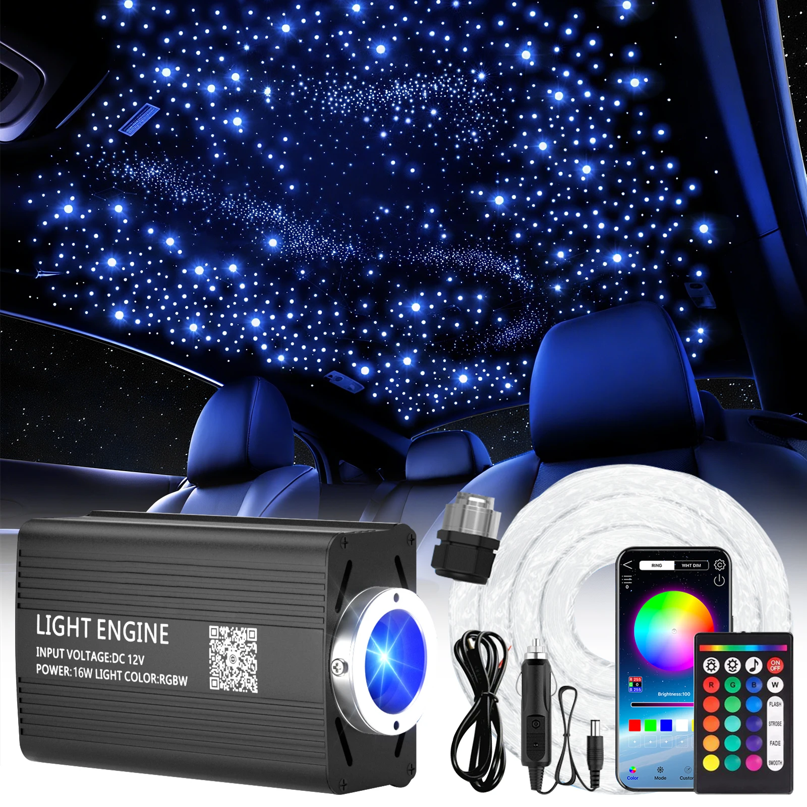 

Starlight Headliner Kit 300/500pcs – | 16W RGBW Fiber Engine, App Control, Music Sync, Easy Install for Car & Home