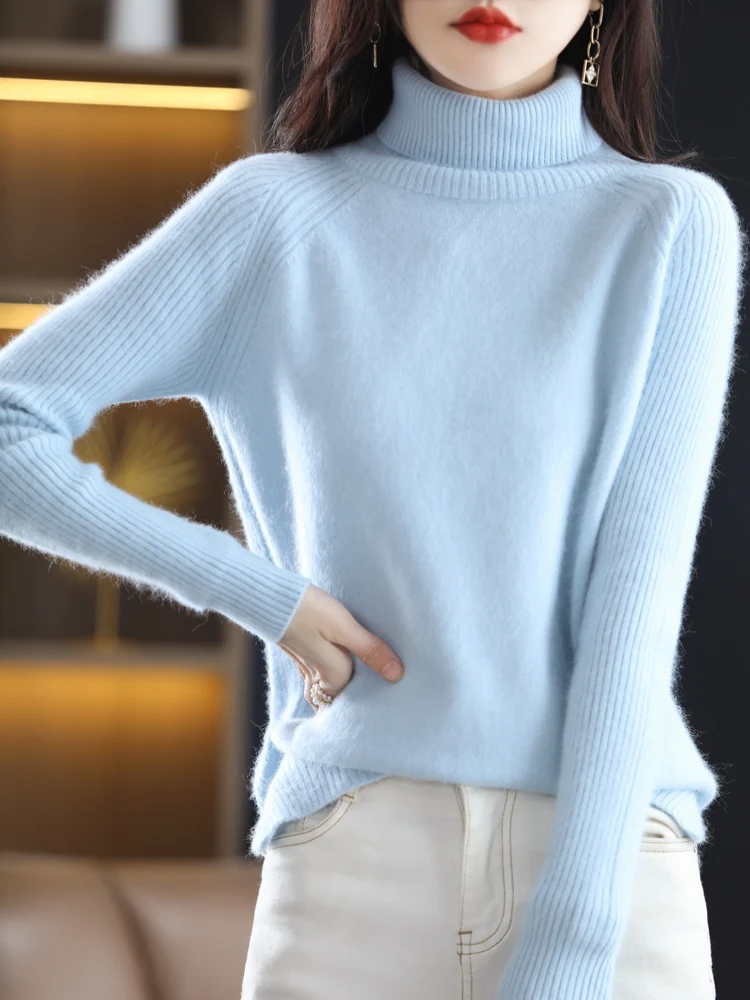 Winter New 100% Mink Cashmere Sweater Women's Lapel Knitted Pullover Loose Turtleneck Long Sleeve Tops Thick Large Size Clothing