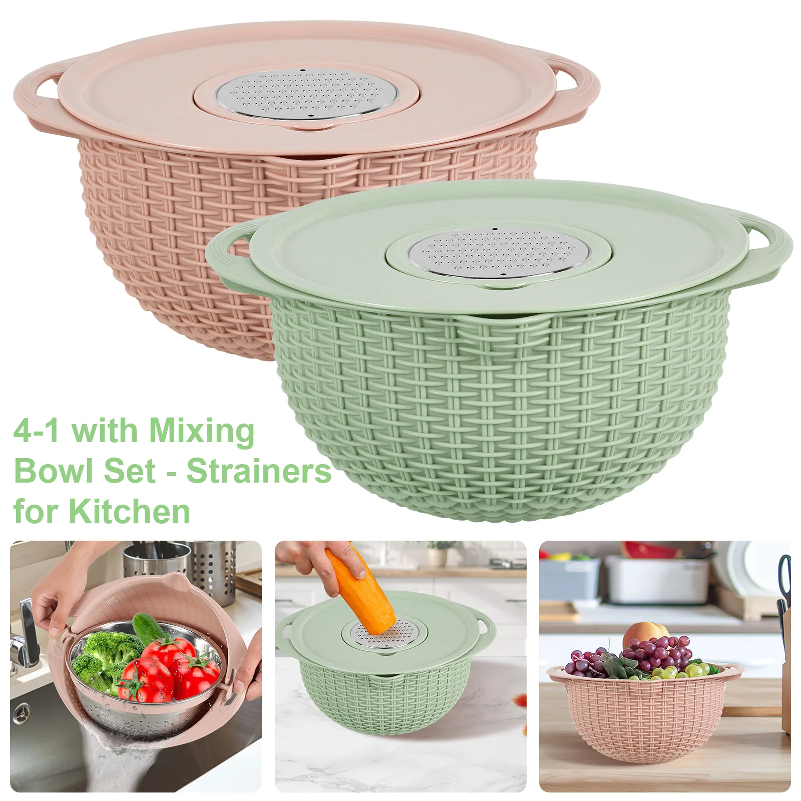 

Kitchen Colander Set with Plastic Mixing Bowl 360°Rotating Food Strainers with 3 Thread Graters Stainless Steel Pasta Strainer