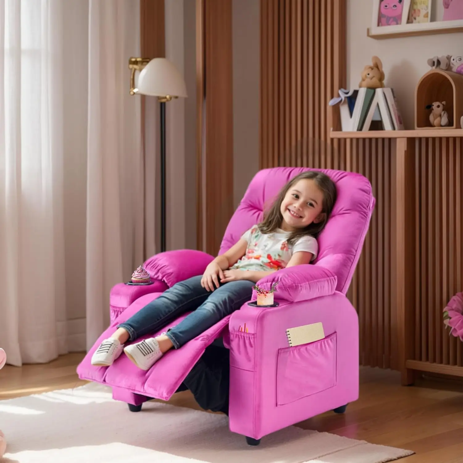 Sedia reclinabile Donut per bambini con portabicchieri e tasche, velluto, dai 3 ai 12 anni