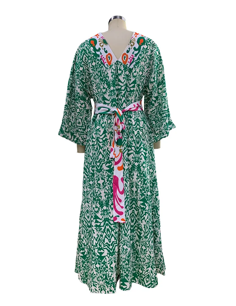 BAMBOOBOY-Robe de plage rétro à imprimé floral pour femmes, manches bouffantes, ceinture trapèze, maxi, vert, bohème, col en v, été
