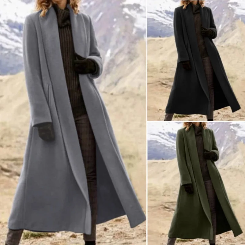 

Women's clothing European and American super long coat, fat and enlarged coat, casual woolen trench coat