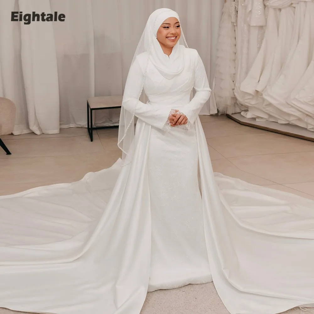 

Eightale Arabic Wedding Dress with Detachable Skirt Customized Bridal Gown Long Sleeves Satin Muslim Lace Bride Party Dress