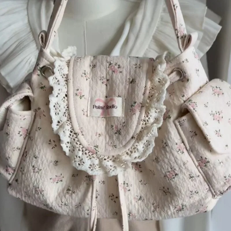 

Корейская милая милая большая сумка с цветочным принтом, женская кружевная большая вместительная парусиновая сумка на плечо, женские нежные универсальные сумки в стиле Харадзюку для подмышек