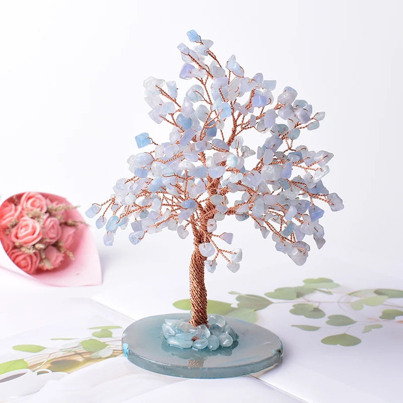 

Aquamarine Lucky Tree Natural Crystal Tree Handmade Gemstone Decoration Agate Slices Stone Mineral Ornaments Office Decor Gift