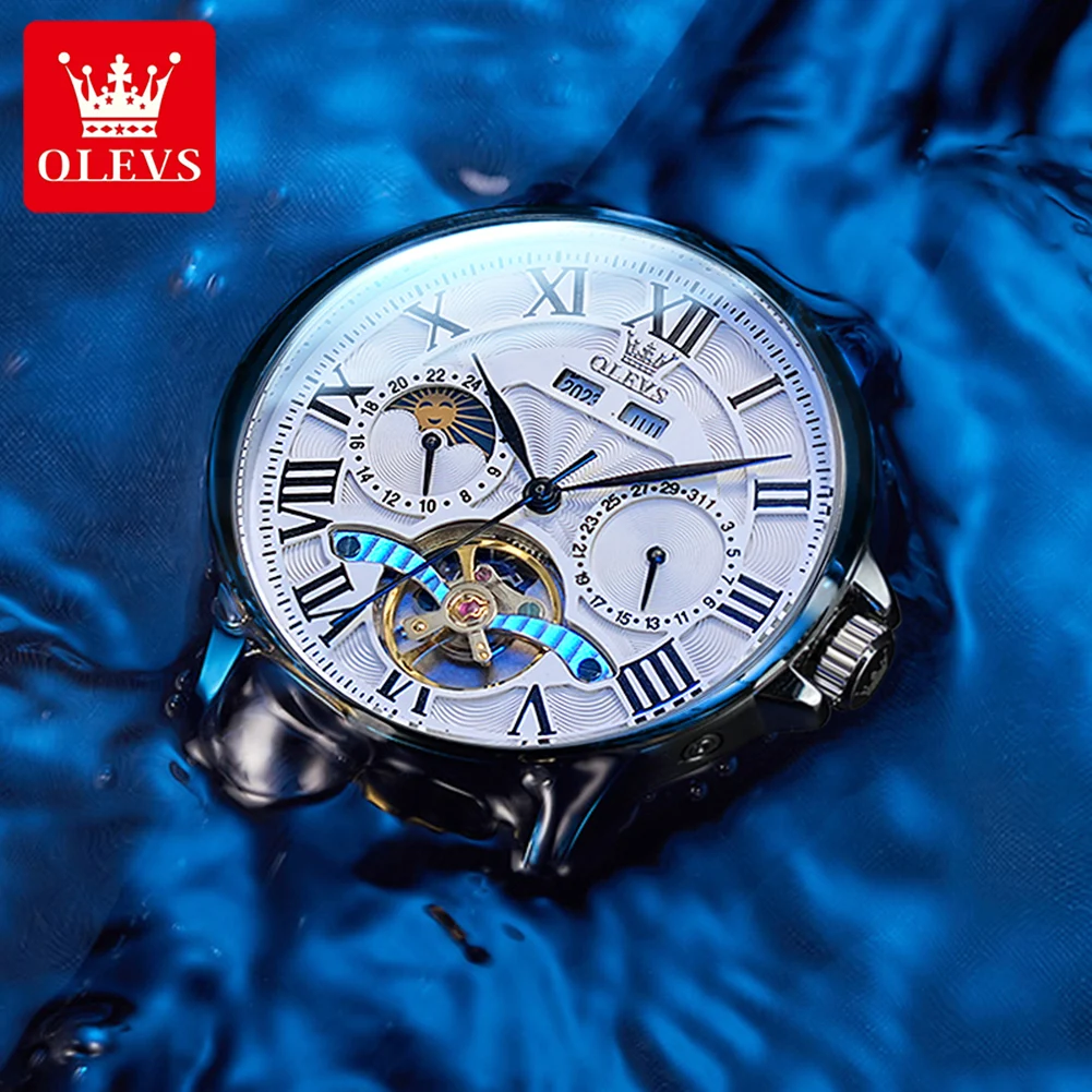 OLEVS 7013 Men Automatic Watch Luxury Waterproof 24-hour Moonphase Watch Hollow Out Flywheel Roman Business Men Mechanical Watch