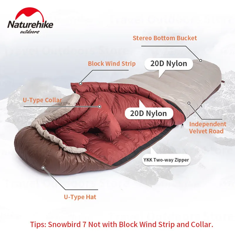 Naturehike Outdoor SnowBird Mummy Duck Down Sleeping Bag Camping Ultralight Portable Thickening 20D Nylon Winter Warm 650FP