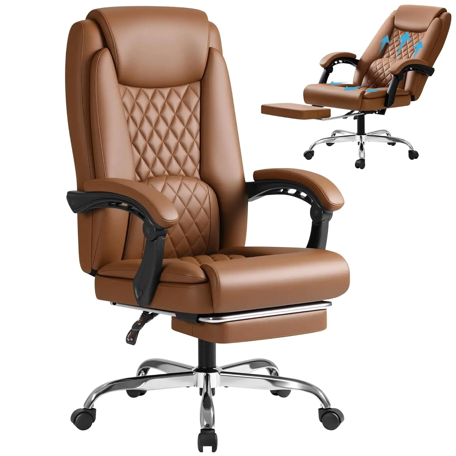 

Офисный стул с подставкой для ног Эргономичный дизайн с высокой спинкой Стул для руководителя Компьютерный стол 400 фунтов, 90-135 ° Кожаный домашний офис с откидной спинкой