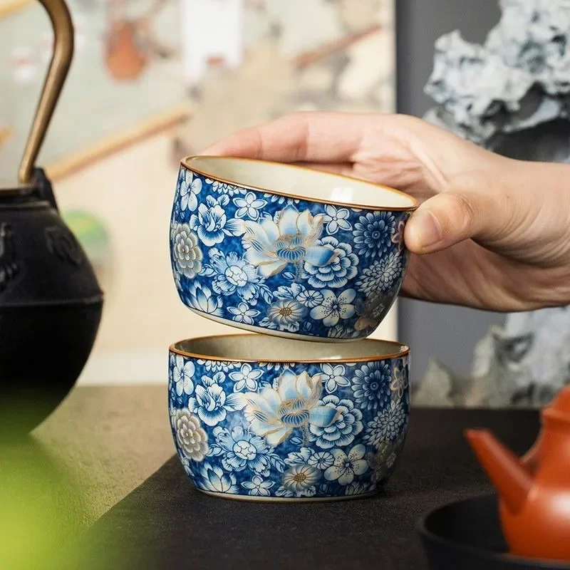Ru Kiln New Gold Ten Thousand Flowers Straight Rim Ceramic Tea Cup, Chinese High-End Host Cup, Single Tea Tasting Cup