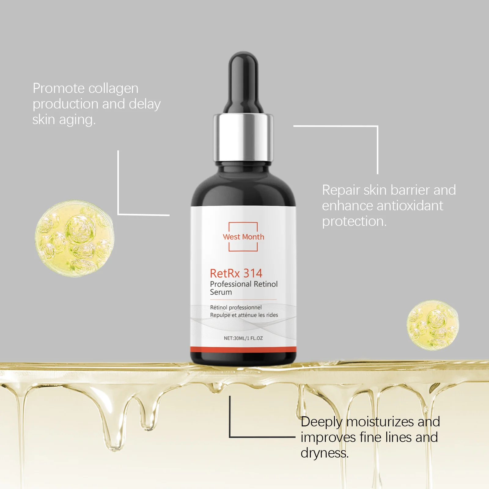 جوهر ريتينول المرطب يقلل من التجاعيد وتفتيح المسام وتنعيم وتنعيم الخطوط الدقيقة وتجديد شبابها وسيروم إصلاح الوجه