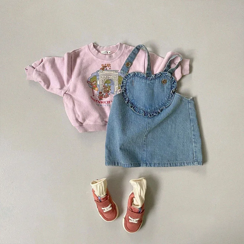 2024 Autumn New Baby Girl Sleeveless Denim Strap Dress Children Heart Dress Fashion Girls Vest Dress Kids Clothes