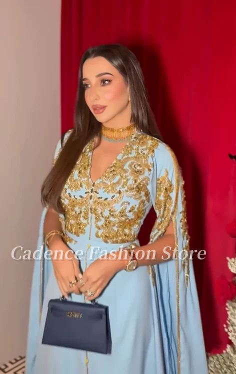 Customized Traditional Ladies Placket Long Sleeve Luxury Gold Beaded Applique Arabian Robe Prom Dresses Dubai Evening Gowns