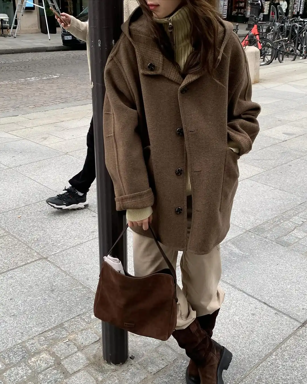 أزياء منقوشة مقنعين معطف الصوف المرأة شيك عكسها واحدة الصدر جيب كم كامل سترة فضفاضة سيدة Ommute معاطف الشارع