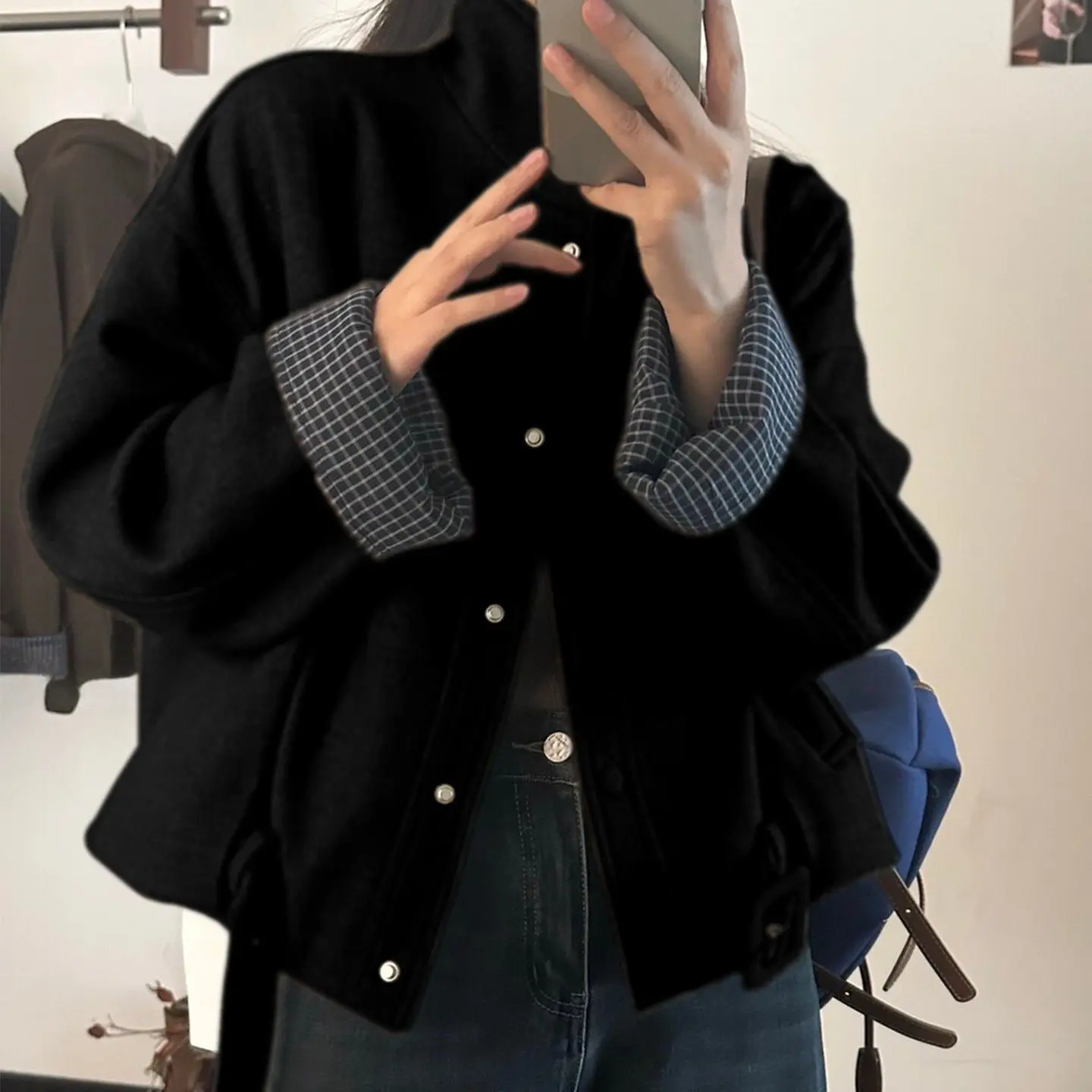 Retro Woolen Coat Women's Autumn Winter 2026 New Splicing Jacket Stand Collar Korean Outwear Female Casual Short Overcoat Tide