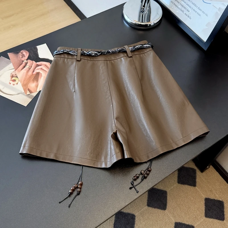 2025年秋冬新作 レディース スカーフタイ付き ハイウエスト ミドル丈パンツ カジュアル ワイドレッグ 五分丈パンツ PUレザーショートパンツ