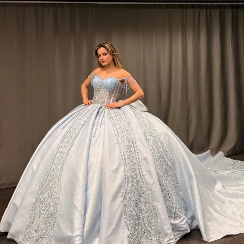 

Light Sky Blue Shiny Quinceanera Dresses Off Shoulder Ball Gown Sweet 16 Dress Sequin Beading Crystal Tull Corset Tull Birthday