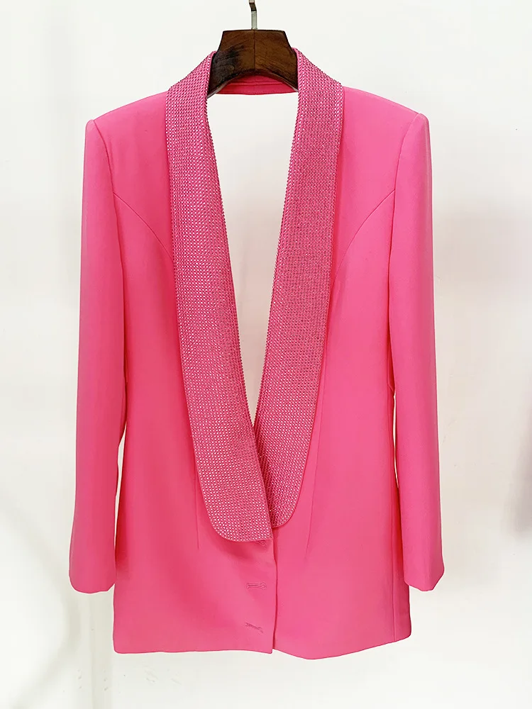 2023 New Fashion Pink Backless Long Blazer Open Back Hot Diamond Sexy Deep V Collar Long Suit Coat Mini Dress Blazer