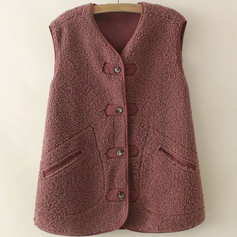 

Winter Women Loose Lamb Hair Vest Coat Vintage Fashion Elegant Casual Thicken Jacket Lady Warm Two Sides Wearing Sleeveless Coat