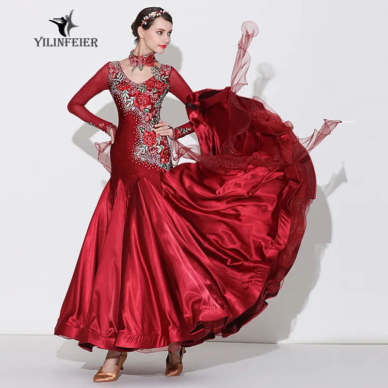 1pcs/lot luxury style woman wine red embroidery ballroom dancing dress lady rhinestone waltz dancing dress