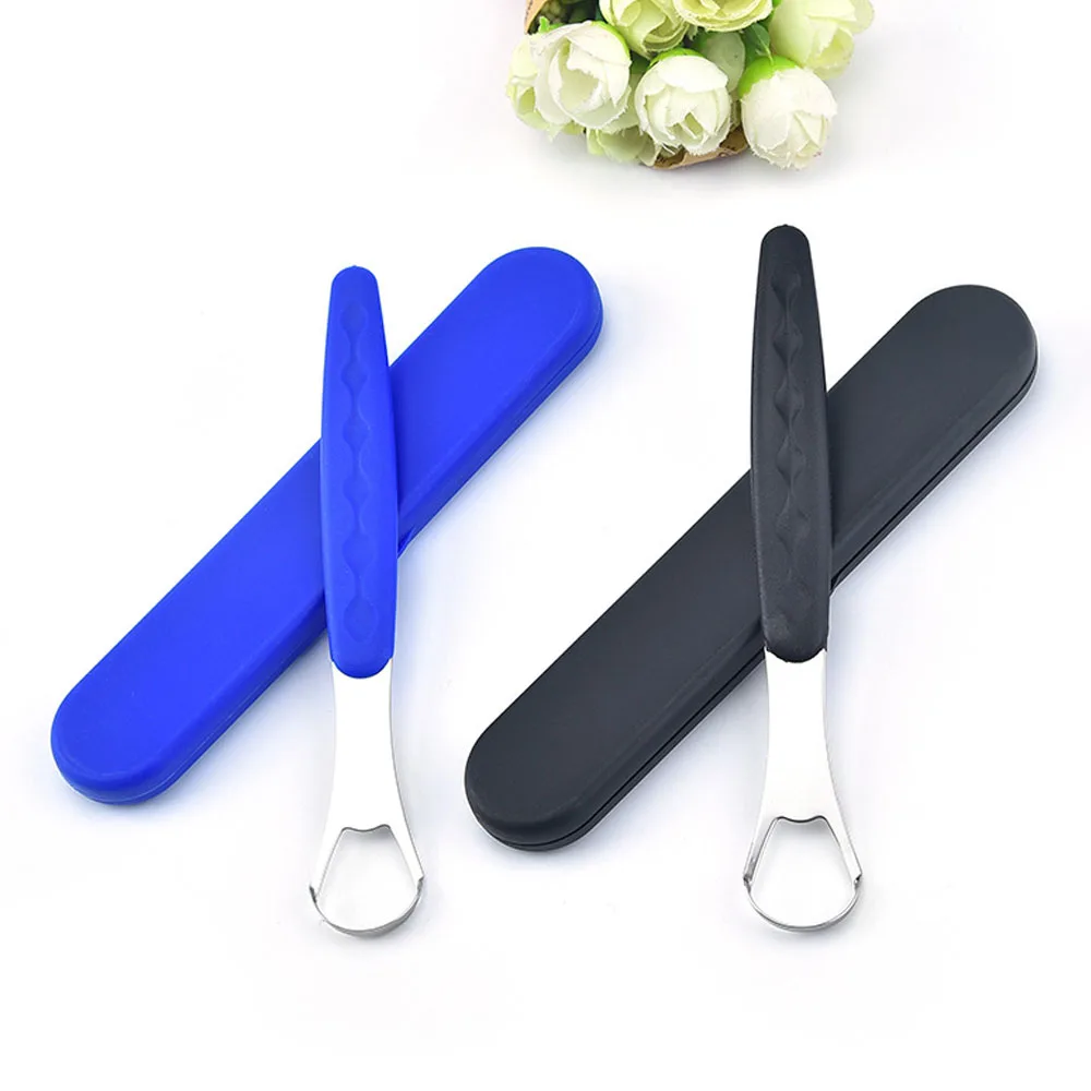 Portable Tongue Cleaner Tongue Scraper Reusable Stainless Steel Oral Mouth Brush Travel Case Black/Blue/Green Non-slip Handle