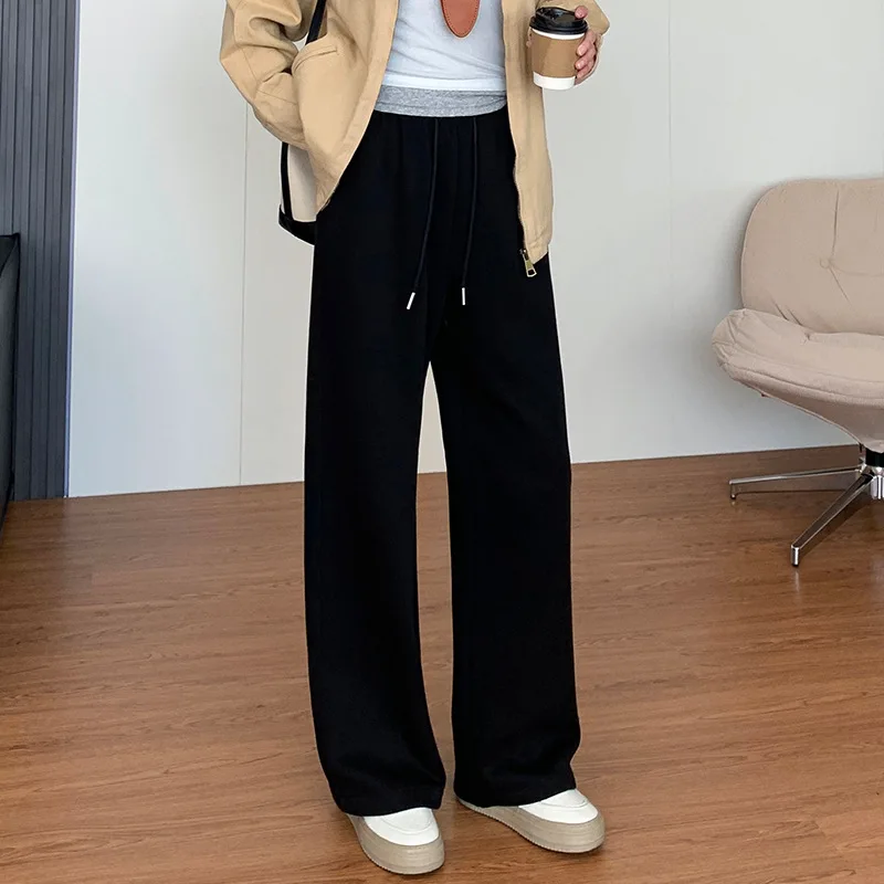 Pantaloni a gamba larga Nappa Elastico in vita Dritto Donna Autunno Ricamo Raccordo Boho Urban Leisure Fodera Anti-freddo Pieghettato Semplice