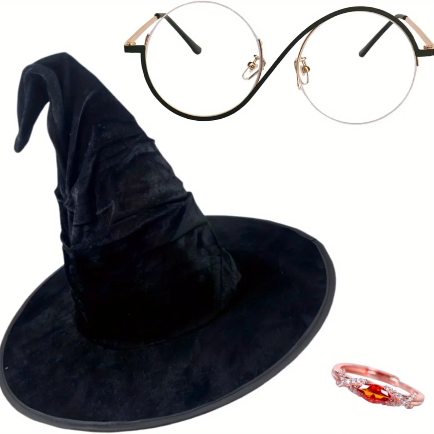 

3 pcs witch cosplay glasses, hat, and ring accessories for Halloween cosplay props，Suitable for fan girl role-playing party