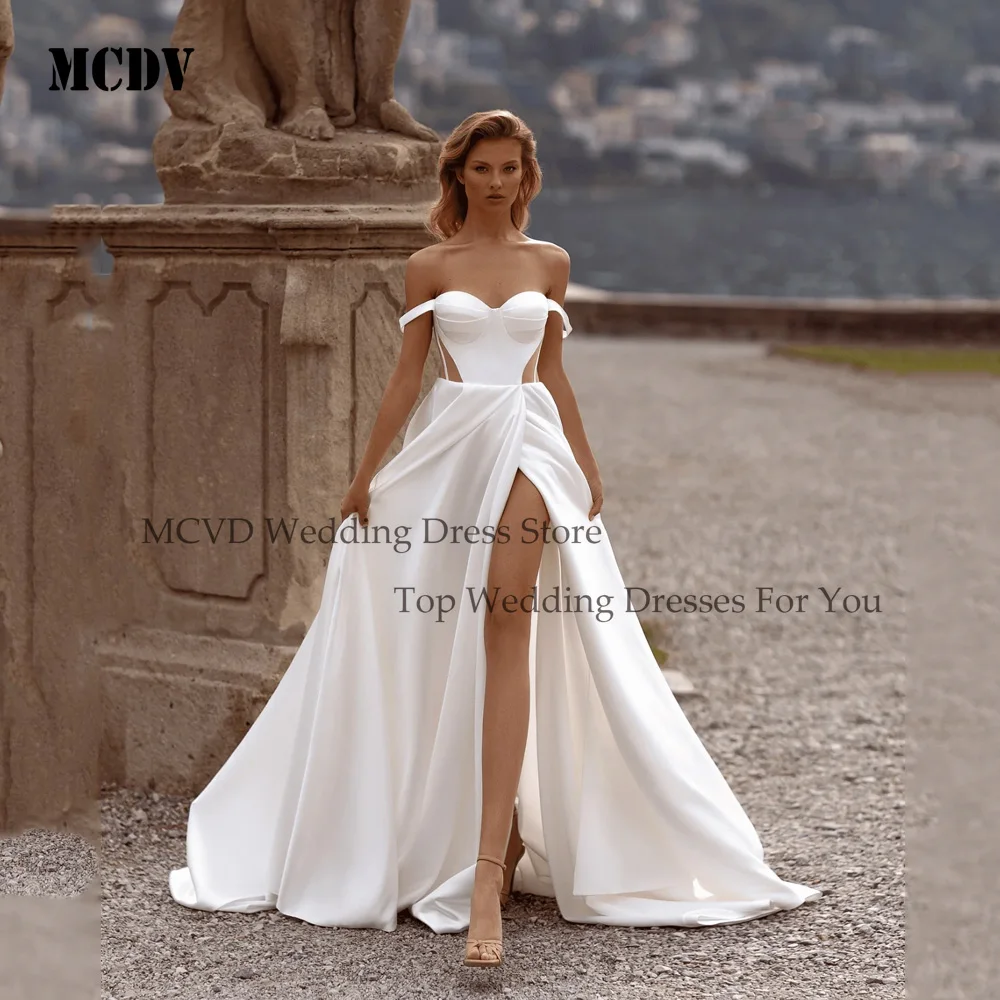 

MCDV White A-Line Wedding Dresses Women Off The Shoulder Split Satin Bridal Dress Elegant Wedding Evening Prom Gowns Customized