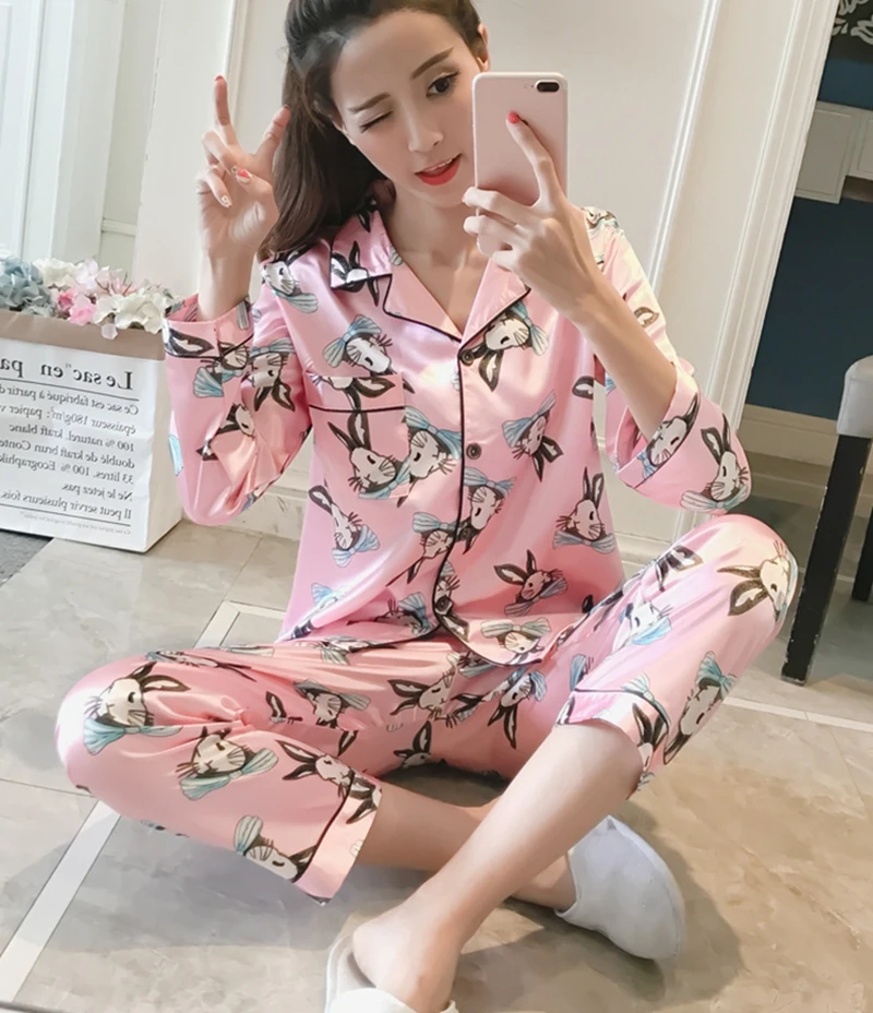 

Женский милый пижамный комплект с принтом кроликов, топ с длинными рукавами и лацканами и брюки с эластичной резинкой на талии, нагрудный карман, идеально подходит для пижамной одежды