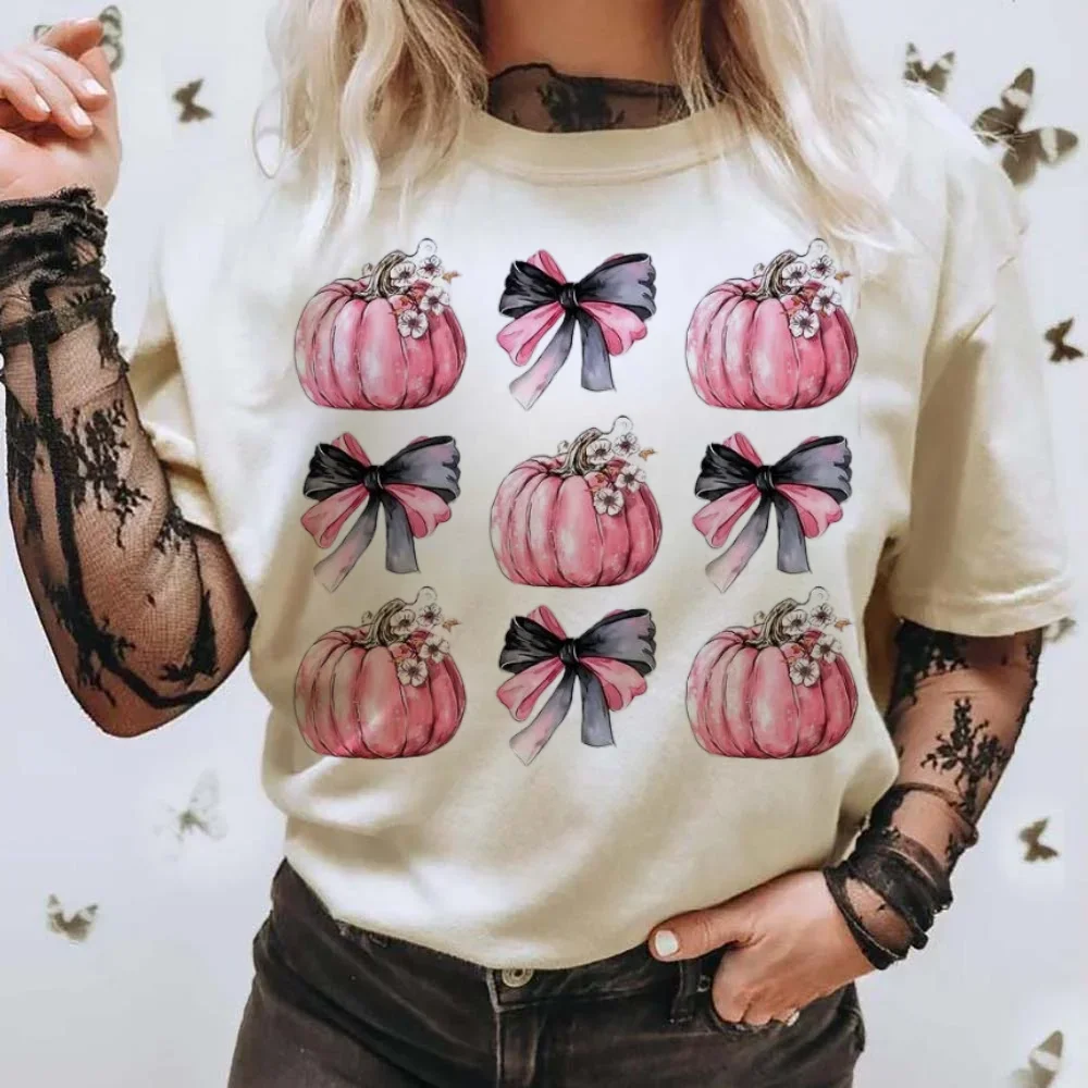 Roze Strik Pompoen Print Schattig Dames Casual Basic T-shirt met ronde hals Korte mouwen Bedrukt T-shirt Dames Patroon Top T-shirt